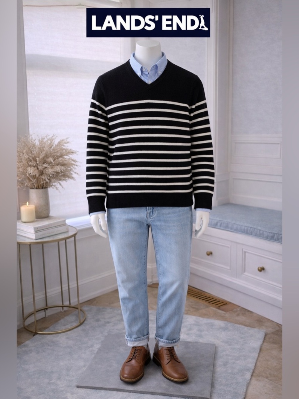 100 % Cashmere Lands' End Men's Black V-Neck Sweater with White Stripes